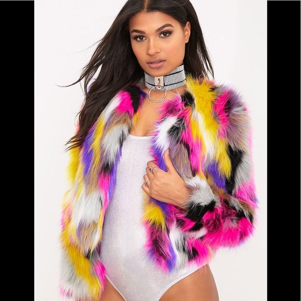 NWT Faux Fur Cropped Multi-colour Slim Fit Coat